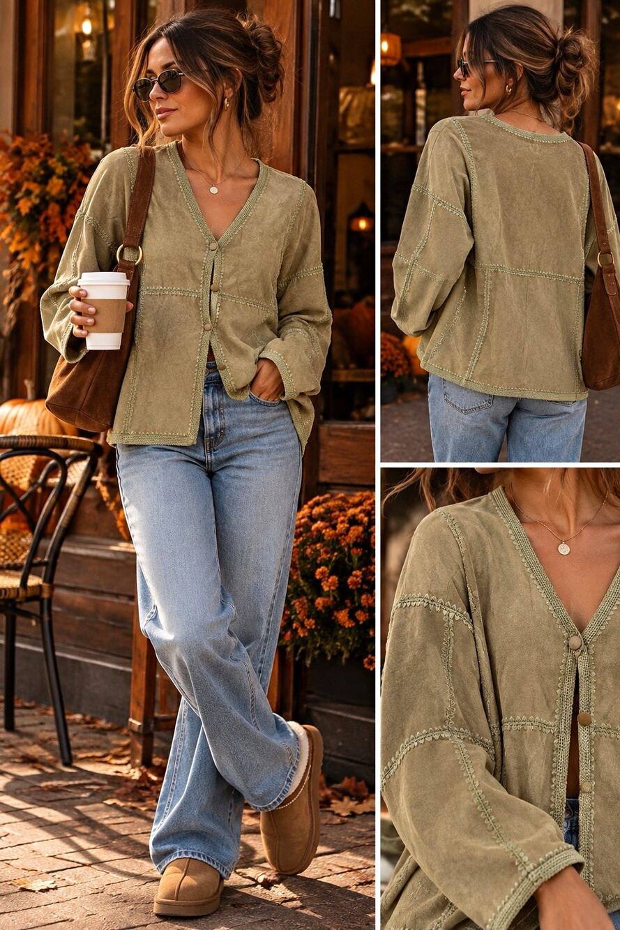 Coldwater Creek Women's Beige 100% Genuine Leather Patch Button Front Jacket PM